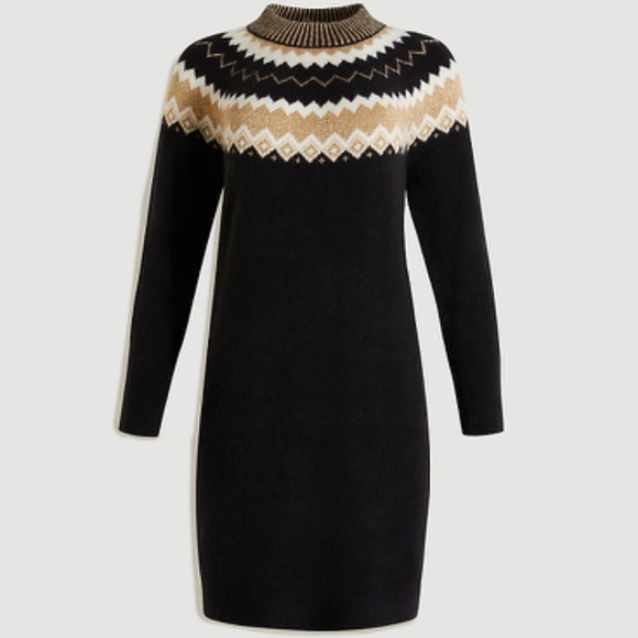 Ann Taylor Fair Isle Sweater Dress in Black and Gold